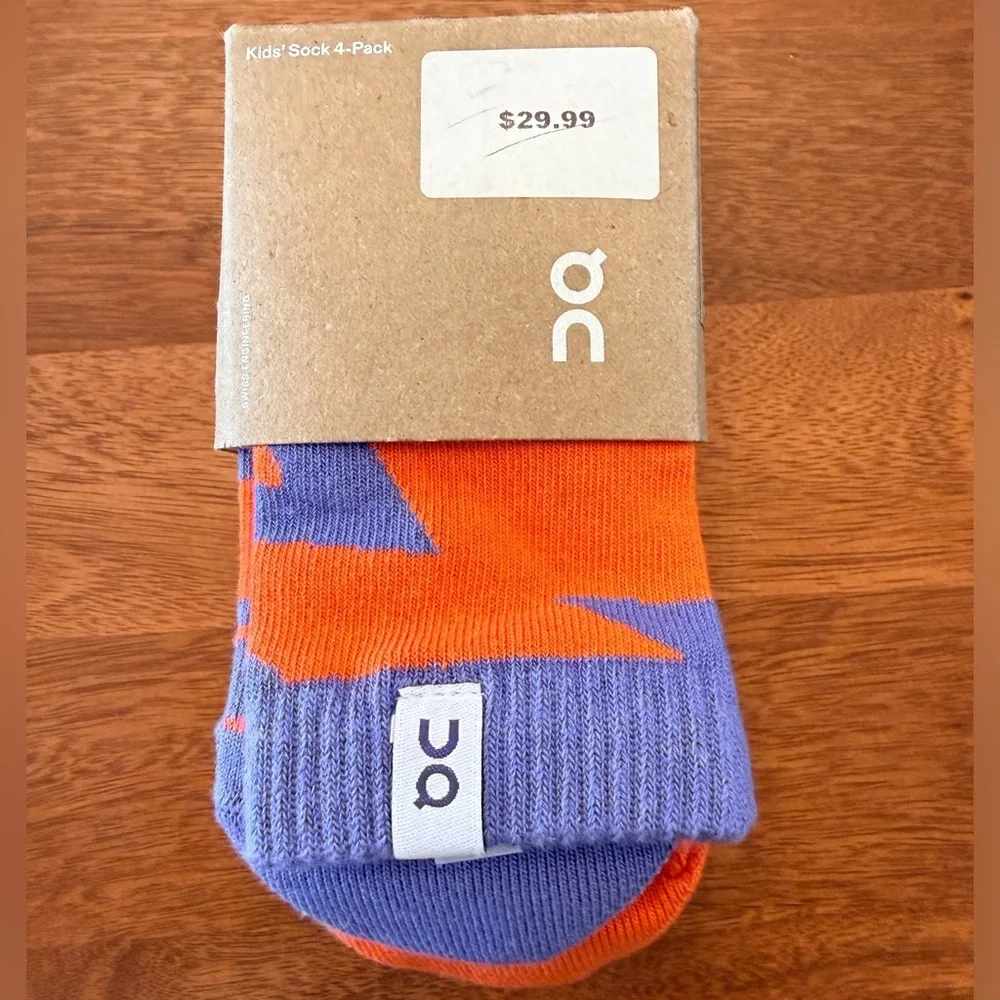On Running Kids Crew Socks 4-pk Blueberry/Flame Orange, Blue, Yellow Size-M